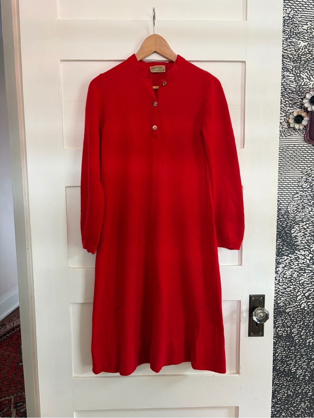 Vintage Cashmere Halston Vibrant Red Long-Sleeve Button-Front Dress